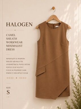 Halogen Camel Sheath Workwear Minimalist Quiet Luxury Dress Office Size S